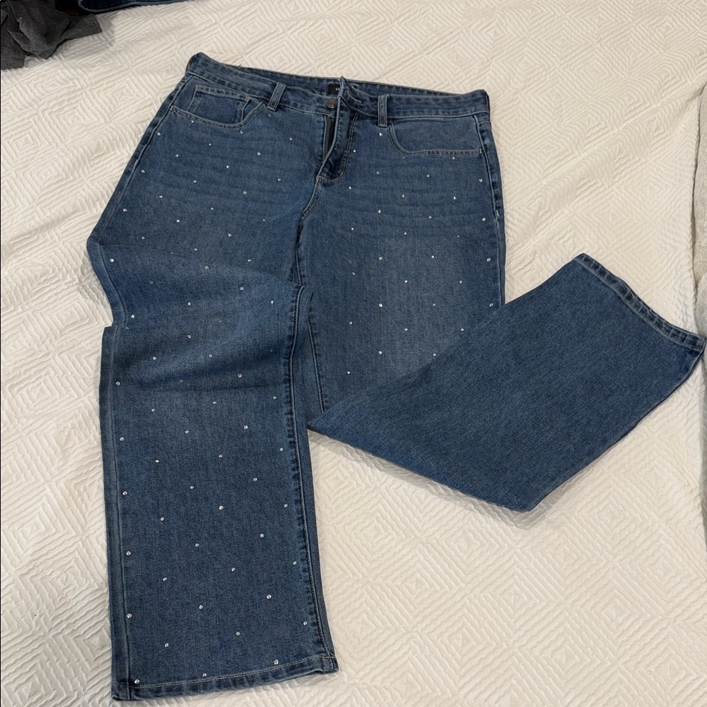 Express Dark Blue Straight-Leg Jeans with Rhinestone Studs